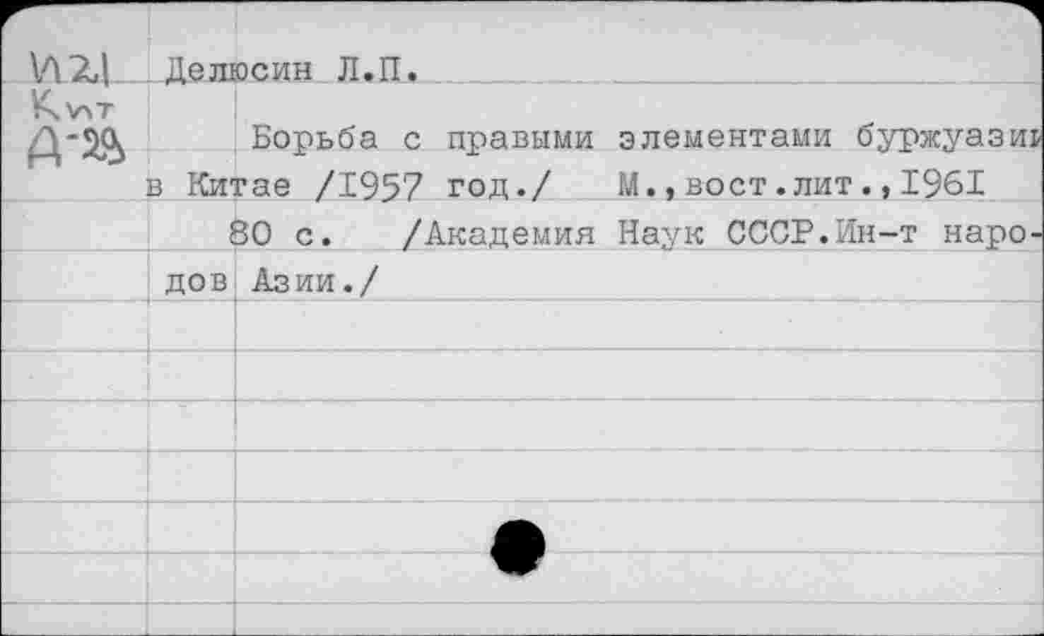 ﻿Г	Дел!	осин Л.П.
	в Ки	Борьба с правыми элементами буржуазии гае /1957 год./ М.,вост.лит1961
		30 с. /Академия Наук СССР.Ин-т наро-
	дов	Азии./
		
		
		
		
		ф
		
		